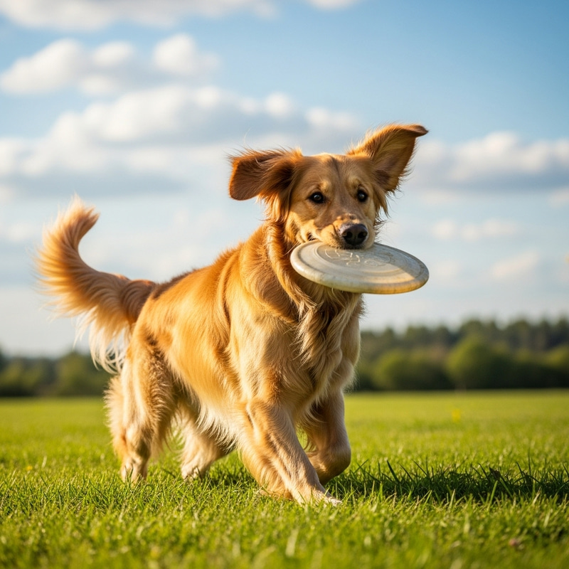 Happy Golden Retriever Frolicking in Green Meadow Happy Golden Retriever Frolicking in Green Meadow