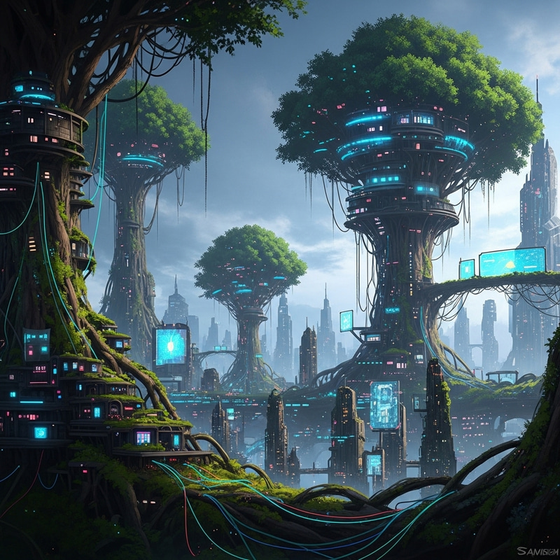 Fantasy Cyberpunk Elven City: Neon Tree Structures Fantasy Cyberpunk Elven City: Neon Tree Structures