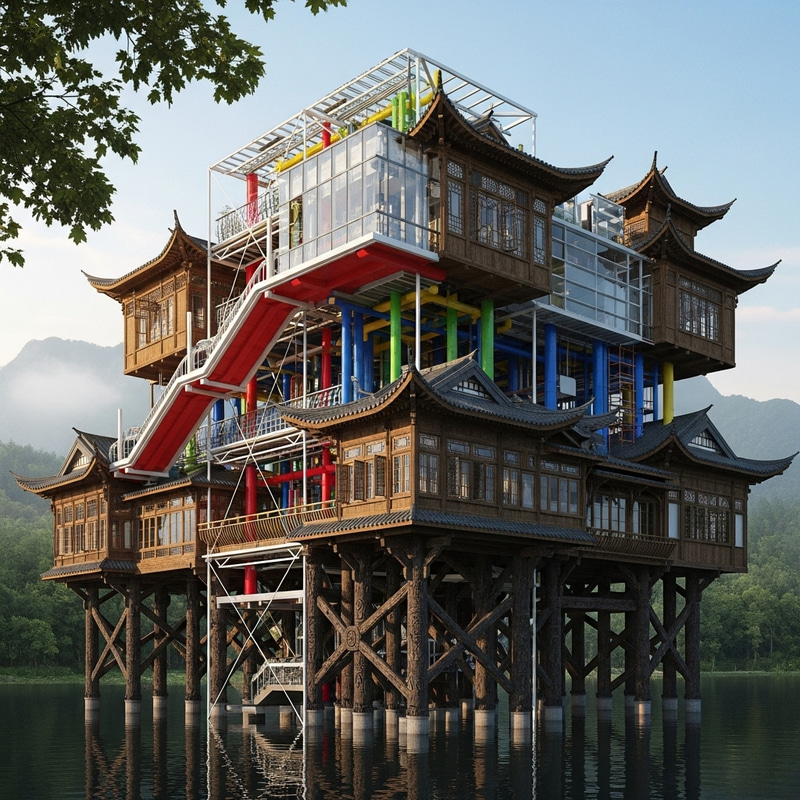Pompidou Centre & Chinese Stilt Houses Fusion - Architecture Pompidou Centre & Chinese Stilt Houses Fusion - Architecture