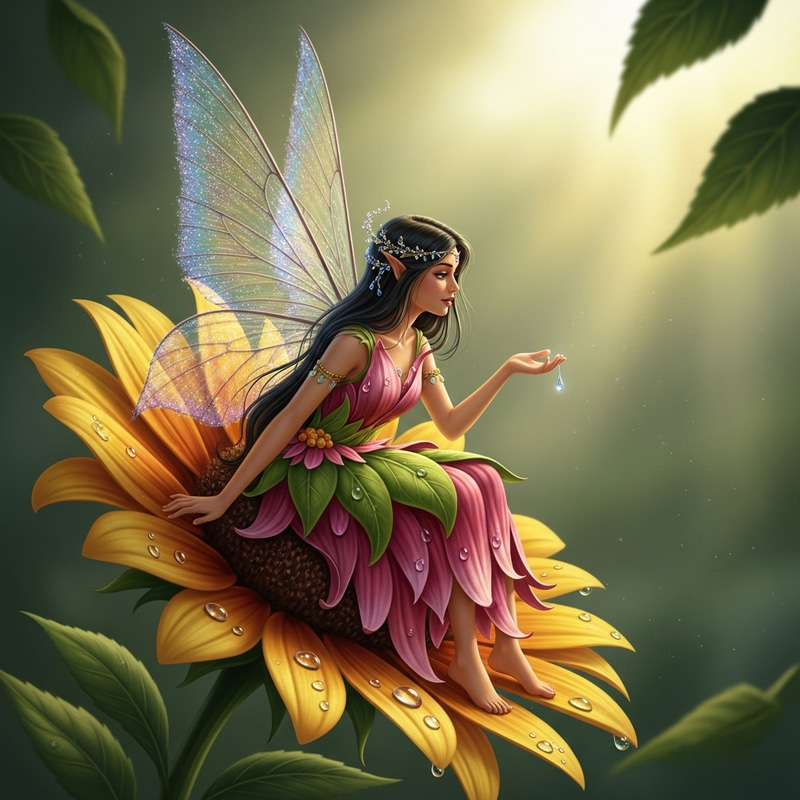 Magical Fairy on Blooming Flower - Enchanting Scene in Fairyland Magical Fairy on Blooming Flower - Enchanting Scene in Fairyland