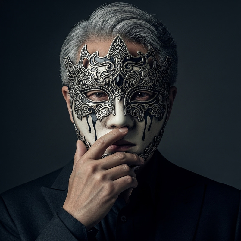 Emotionally Charged Asian Man Concealed Behind Detailed Mask in Dimly Lit Room Emotionally Charged Asian Man Concealed Behind Detailed Mask in Dimly Lit Room