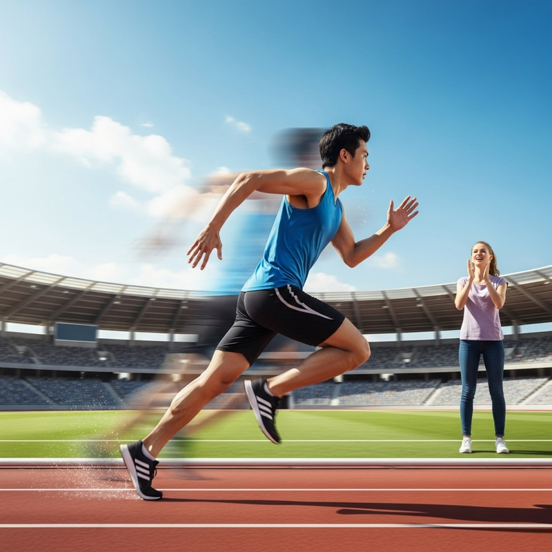 Vivid Slow Motion Scene: Blurred Outlines of Asian Athlete Running