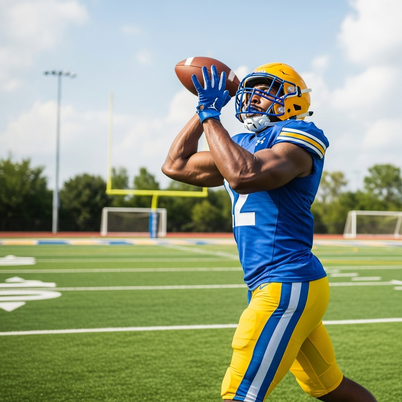 Athletic Black Male Football Player in Blue and Gold Gear Athletic Black Male Football Player in Blue and Gold Gear