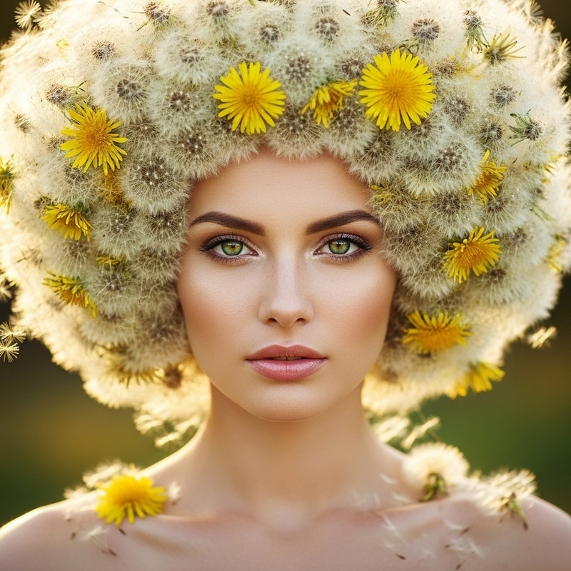 Captivating Blonde Woman with Dandelion Hair & Green Eyes