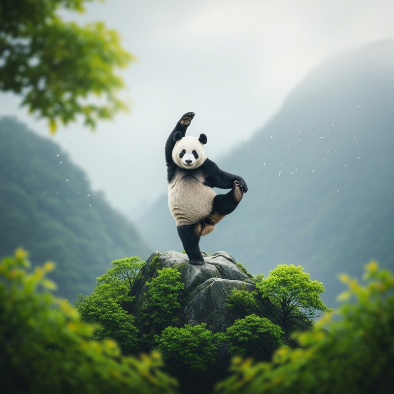 Panda Yoga Poses in Serene Mountain Paradise Panda Yoga Poses in Serene Mountain Paradise