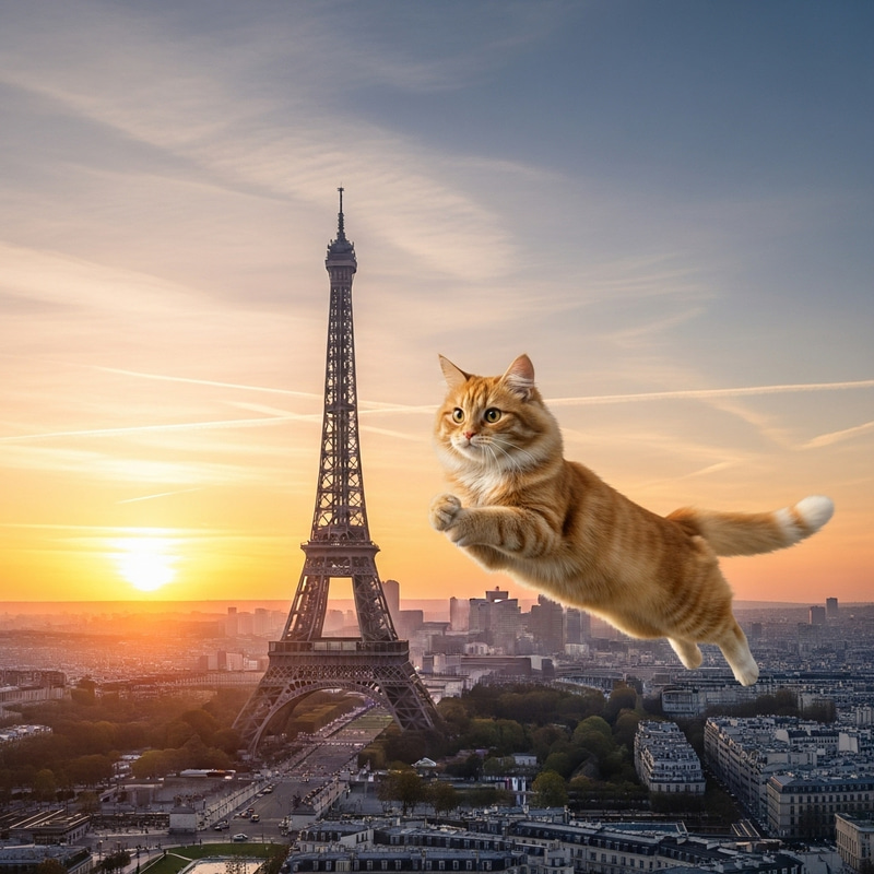 Cat Flying Over the Eiffel Tower - A Whimsical View