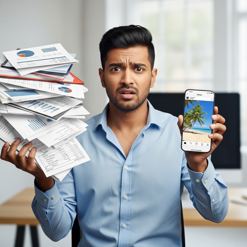 Confused Entrepreneur Balancing Business Papers & Instagram on Phone | Website Confused Entrepreneur Balancing Business Papers & Instagram on Phone | Website
