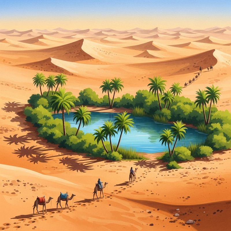 Tranquil Desert Oasis Watercolor Art