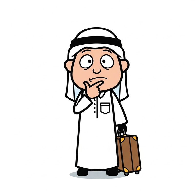 Curious Middle-Eastern Male Cartoon Character with Suitcase
