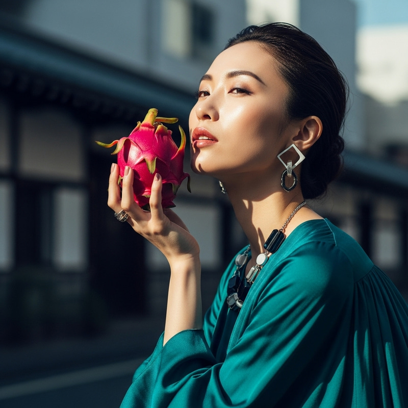 Japanese Woman in Stylish Attire with Exotic Fruit | Glamorous Fashion Shot Japanese Woman in Stylish Attire with Exotic Fruit | Glamorous Fashion Shot
