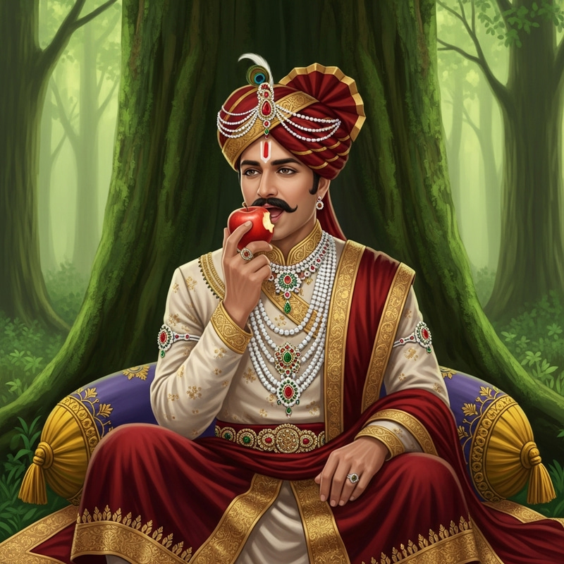 Majestic Maharaja Eating Apple in Forest