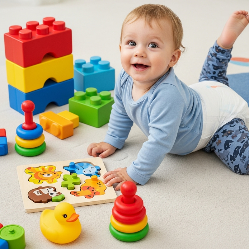 Adorable Toddler in Soft & Flexible Diapers with Colorful Toys Adorable Toddler in Soft & Flexible Diapers with Colorful Toys