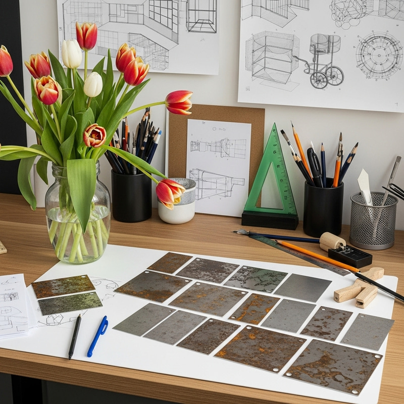 Designer's Workspace: Tulips & Rusty Metal Samples with Creative Contrasts Designer's Workspace: Tulips & Rusty Metal Samples with Creative Contrasts