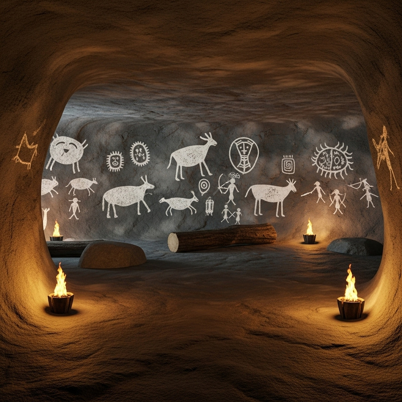 Stone Age Cave Interior: Primitive Drawings & Torchlight Stone Age Cave Interior: Primitive Drawings & Torchlight