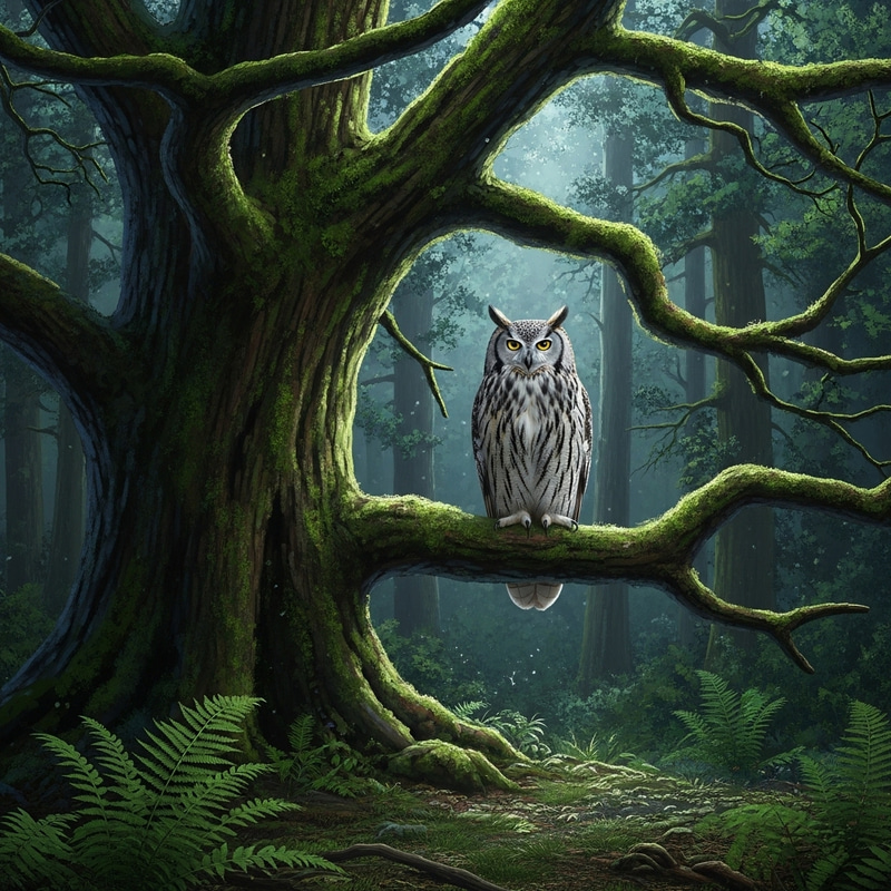 Tranquil Forest Scene with Majestic Owl Tranquil Forest Scene with Majestic Owl