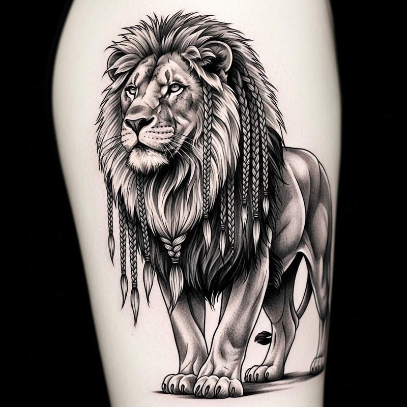 Majestic Lion Tattoo with Braids - Unique Strength Symbol