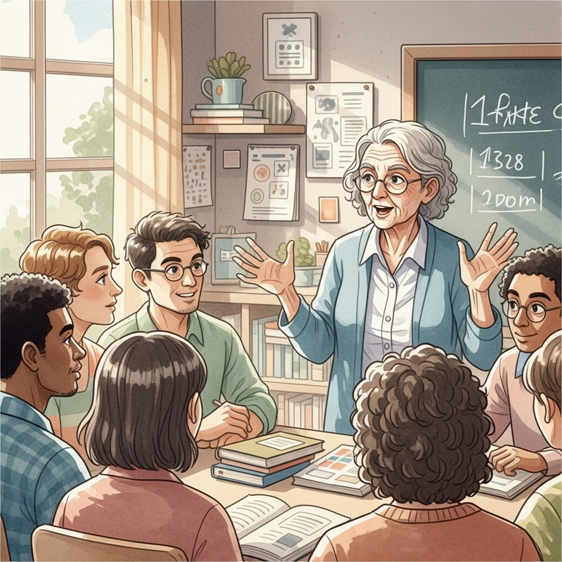 Captivating Watercolor Painting of Elderly Teacher and Diverse Adult Learners Captivating Watercolor Painting of Elderly Teacher and Diverse Adult Learners