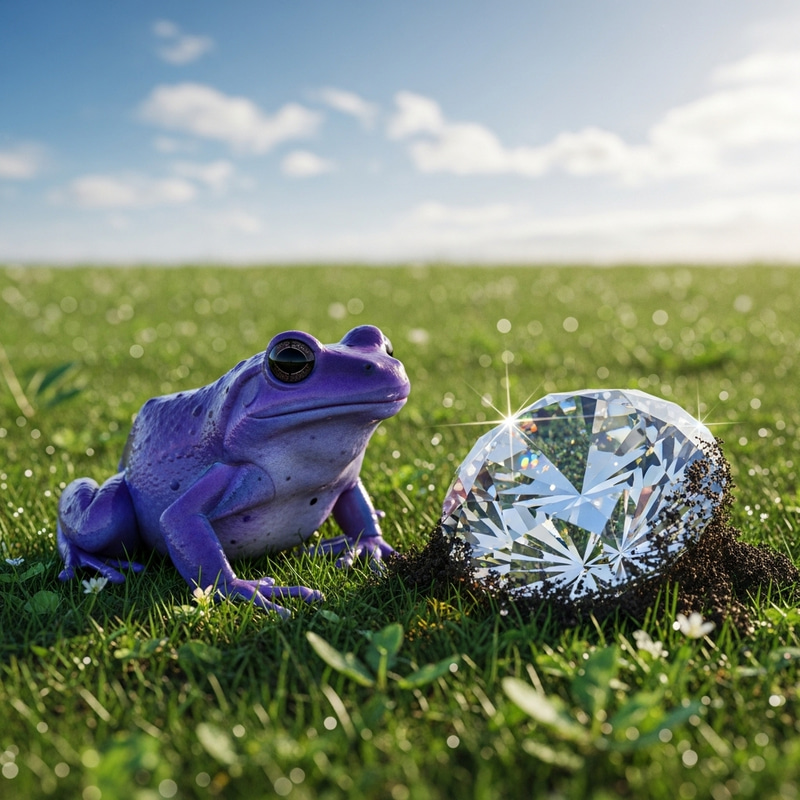 Purple Frog in Green Field with Gleaming Diamond