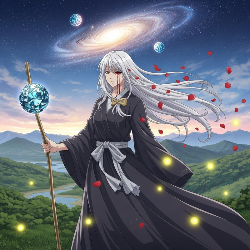 Anime Girl: Tranquil Beauty Amidst Galaxy and Fireflies