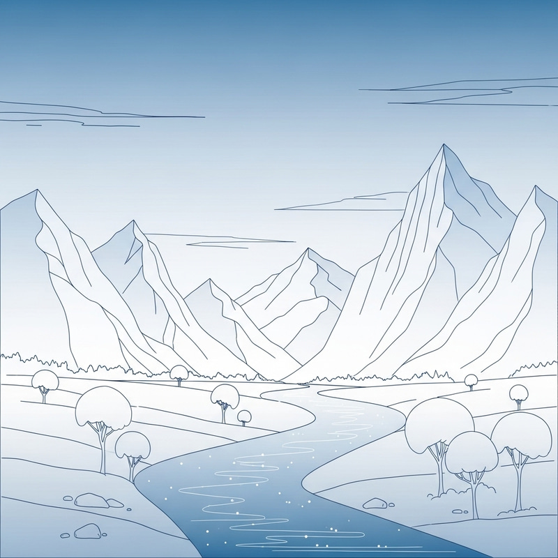Simple Drawing: Looming Mountains and Sparkling River