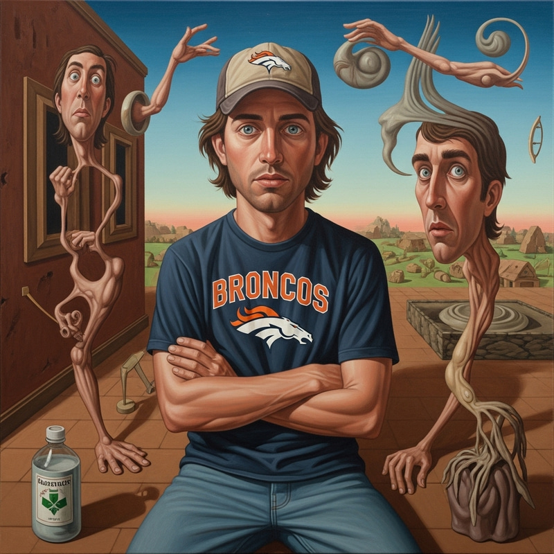 Surrealist Artwork of Denver Broncos Fan in Addiction Turmoil Surrealist Artwork of Denver Broncos Fan in Addiction Turmoil
