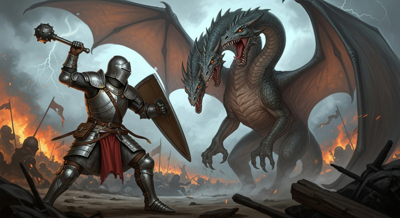 Epic Battle: Brave Knight with Mace and Shield Facing Three-Headed Dragon Epic Battle: Brave Knight with Mace and Shield Facing Three-Headed Dragon