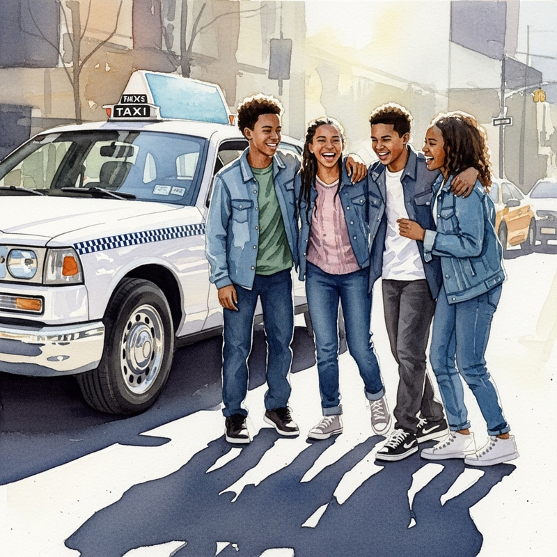 Teenage African American Kids Sharing Laughter by Taxi Cab Teenage African American Kids Sharing Laughter by Taxi Cab