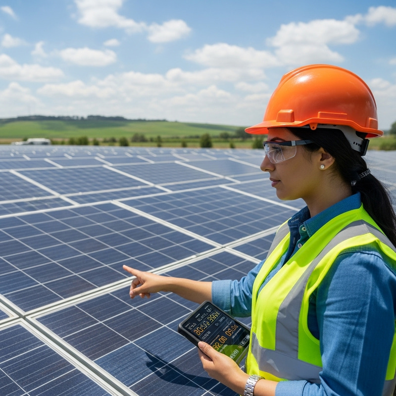 Female Engineer Inspecting Solar Farm for Efficiency Female Engineer Inspecting Solar Farm for Efficiency