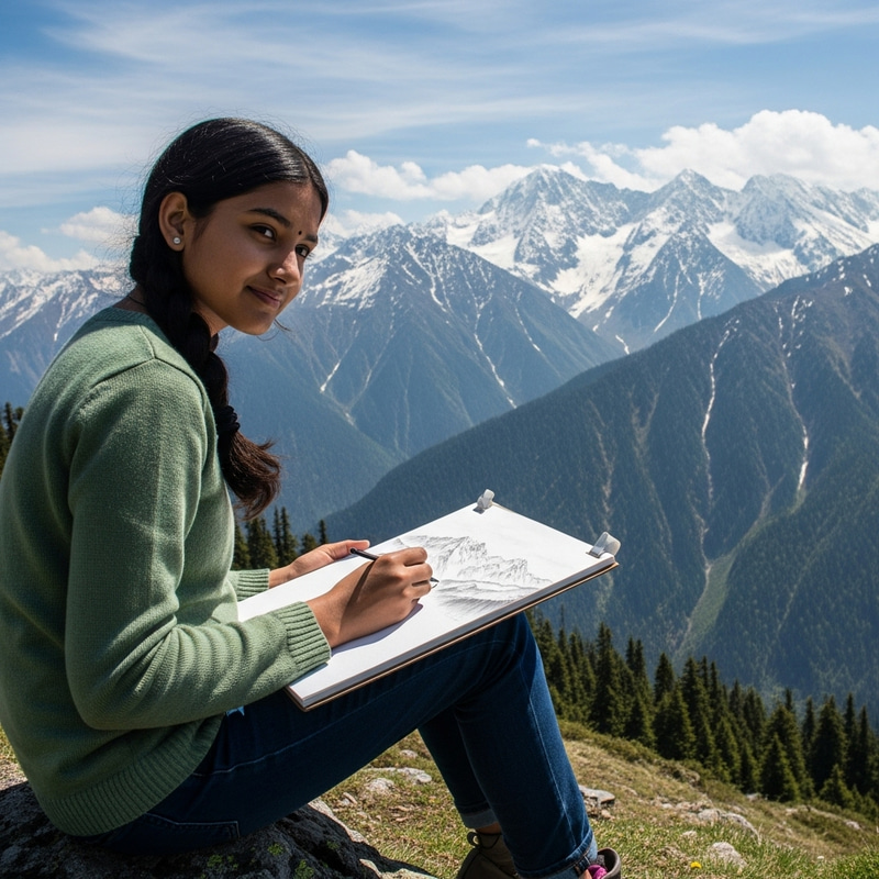 Girl Drawing in High Mountains: Capturing Serene Beauty Girl Drawing in High Mountains: Capturing Serene Beauty