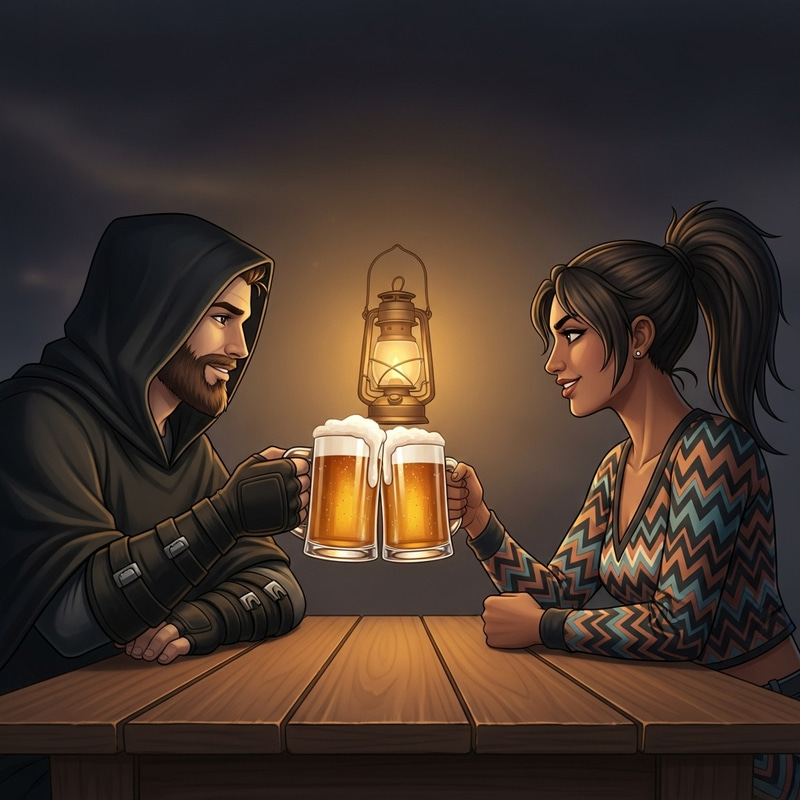 Black Cloak and Zig Zag Characters Sharing Beer at Wooden Table