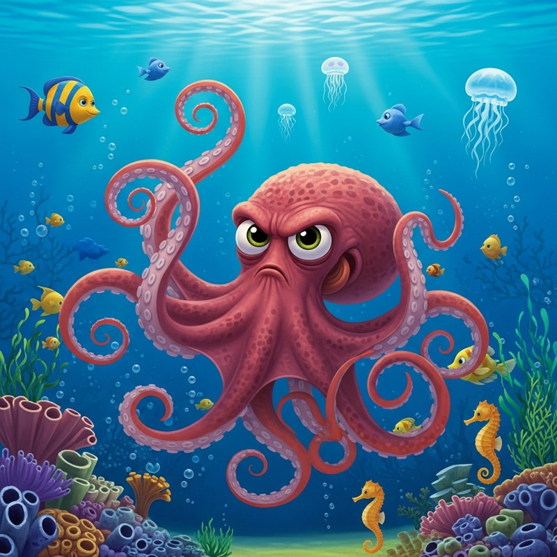 Child-Friendly Cartoon Octopus in Vibrant Ocean Scene Child-Friendly Cartoon Octopus in Vibrant Ocean Scene