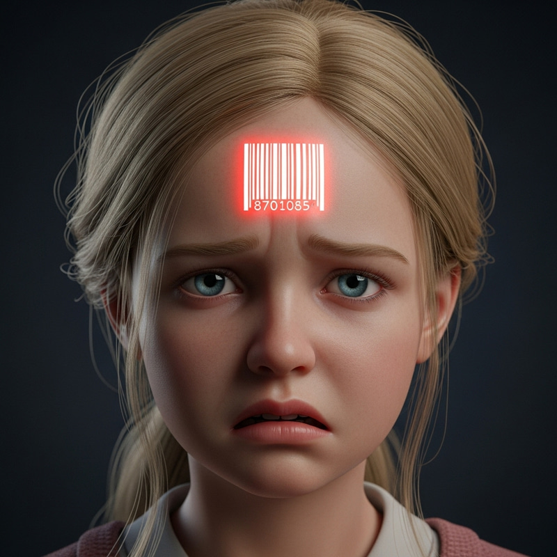 Upset Blonde Girl with Neon Red Barcode Tattoo - Ultra Realistic Detail Upset Blonde Girl with Neon Red Barcode Tattoo - Ultra Realistic Detail