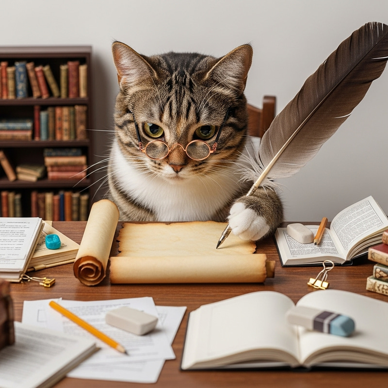 Studious Feline at Desk: Hard-Working Cat with Quill Pen Studious Feline at Desk: Hard-Working Cat with Quill Pen