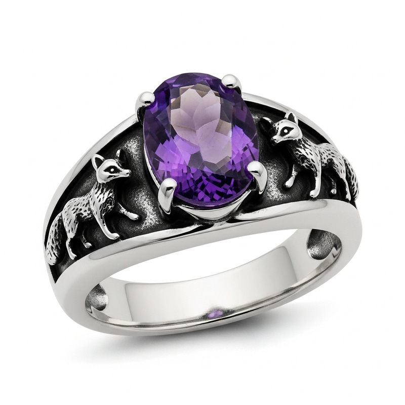 Sterling Silver Men's Ring with Amethyst Gemstone and Fox Motif Sterling Silver Men's Ring with Amethyst Gemstone and Fox Motif