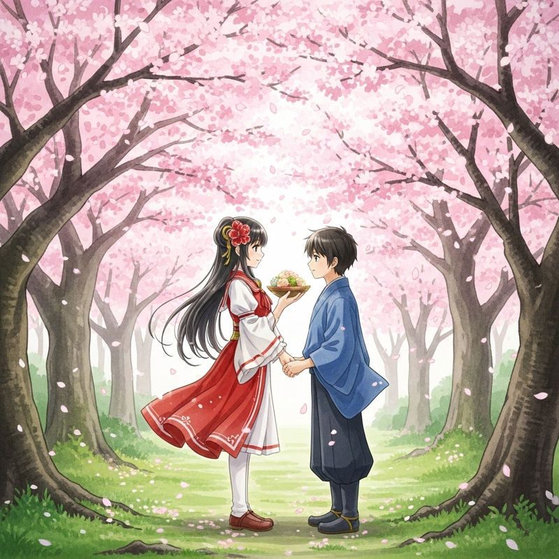 Tranquil Magic Garden: Enchanting Scene with Magical Girl and Boy Among Cherry Blossoms