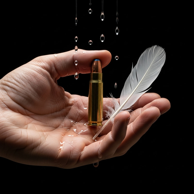 Human Hand Holding Ammunition Cartridge, White Feather, Tears - Emotional Image Human Hand Holding Ammunition Cartridge, White Feather, Tears - Emotional Image