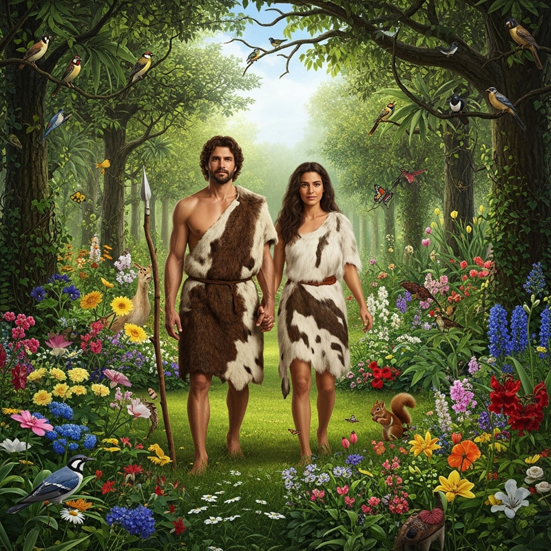 Adam and Eve in Garden of Eden: Lush Greenery & Wildlife Adam and Eve in Garden of Eden: Lush Greenery & Wildlife