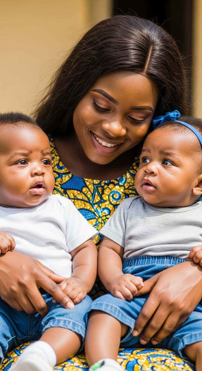 Nigerian Mother with Twin Infants - Cultural Love Portrait Nigerian Mother with Twin Infants - Cultural Love Portrait