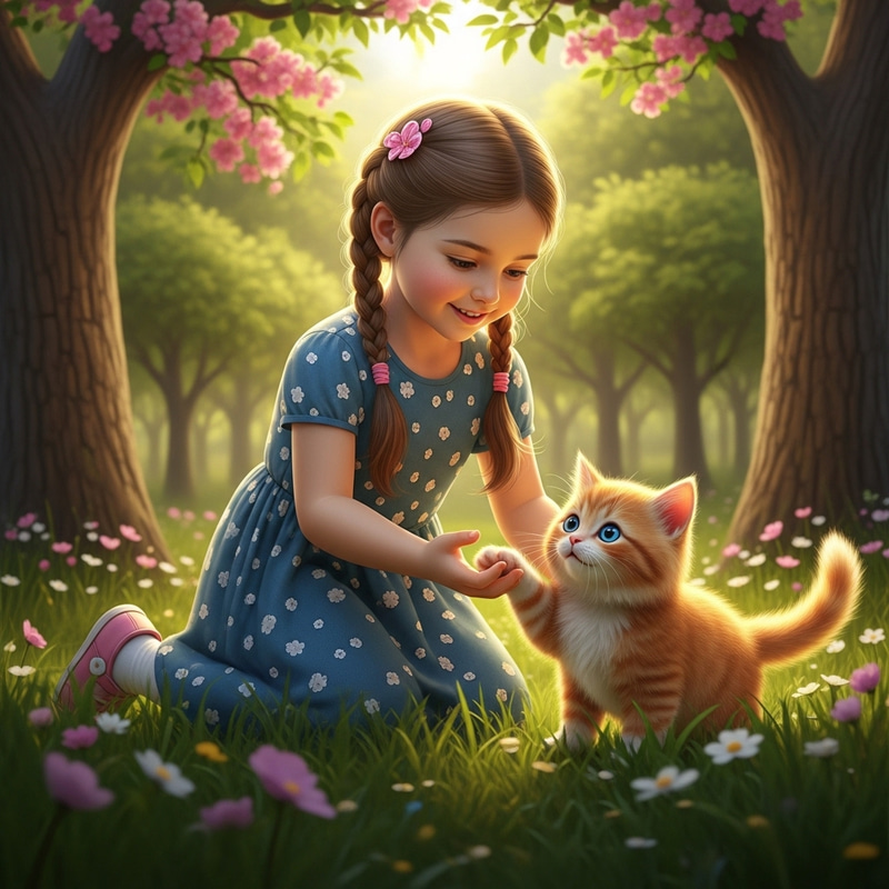 Enchanting Scene of Young Caucasian Girl Catching Ginger Cat in Vibrant Park Enchanting Scene of Young Caucasian Girl Catching Ginger Cat in Vibrant Park