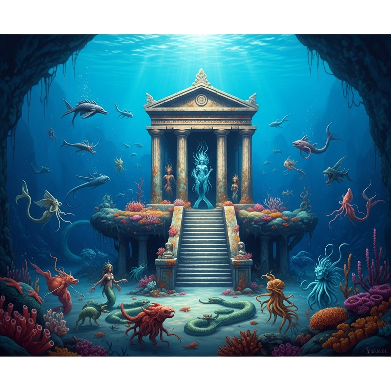 Mythical Underwater Temple with Sea Creatures