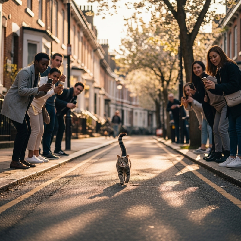 Adventurous Grey Cat Running Through Urban Street