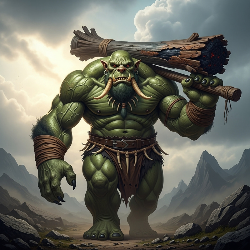 Gigantic Muscular Green Troll Holding Stick | Approaching Viewers