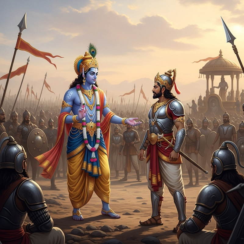 Divine Teaching: Lord Krishna Instructs Arjuna in Battle Divine Teaching: Lord Krishna Instructs Arjuna in Battle