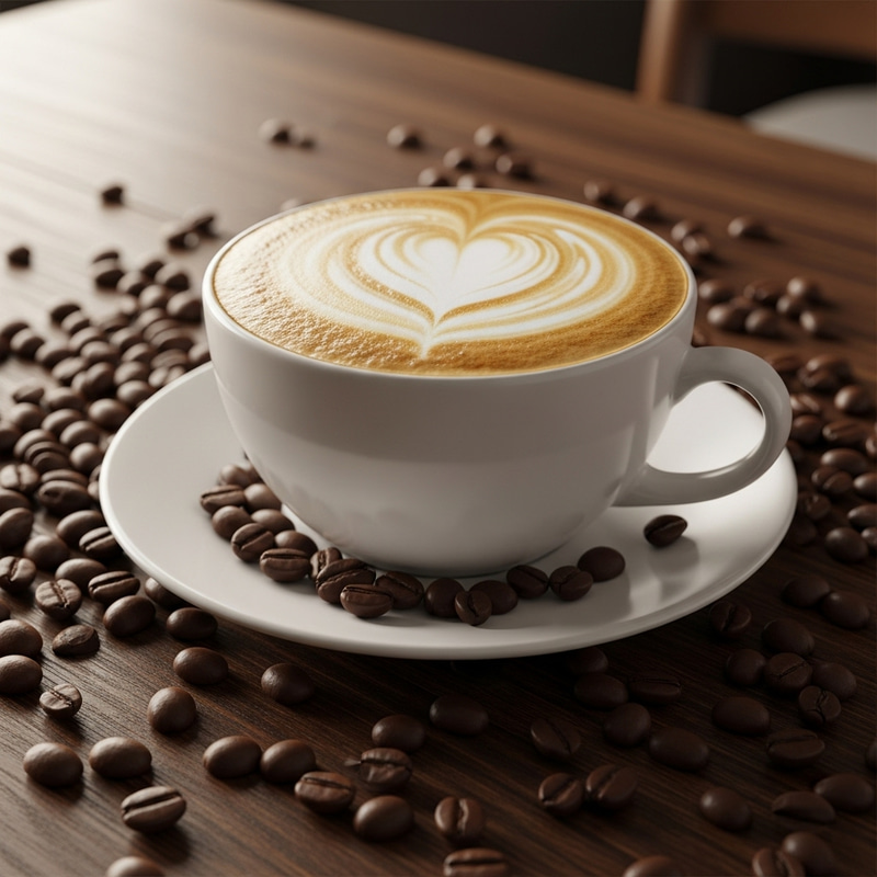 Artistic Cappuccino Heart on Wooden Table with Coffee Beans Artistic Cappuccino Heart on Wooden Table with Coffee Beans