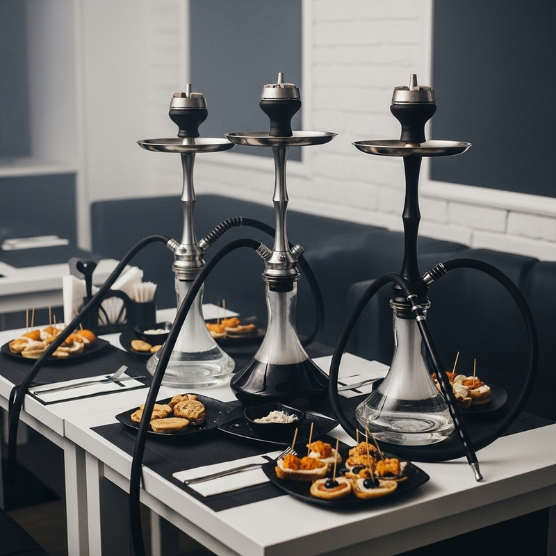 Elegant White Table with Black Hookahs and Delightful Snacks Elegant White Table with Black Hookahs and Delightful Snacks