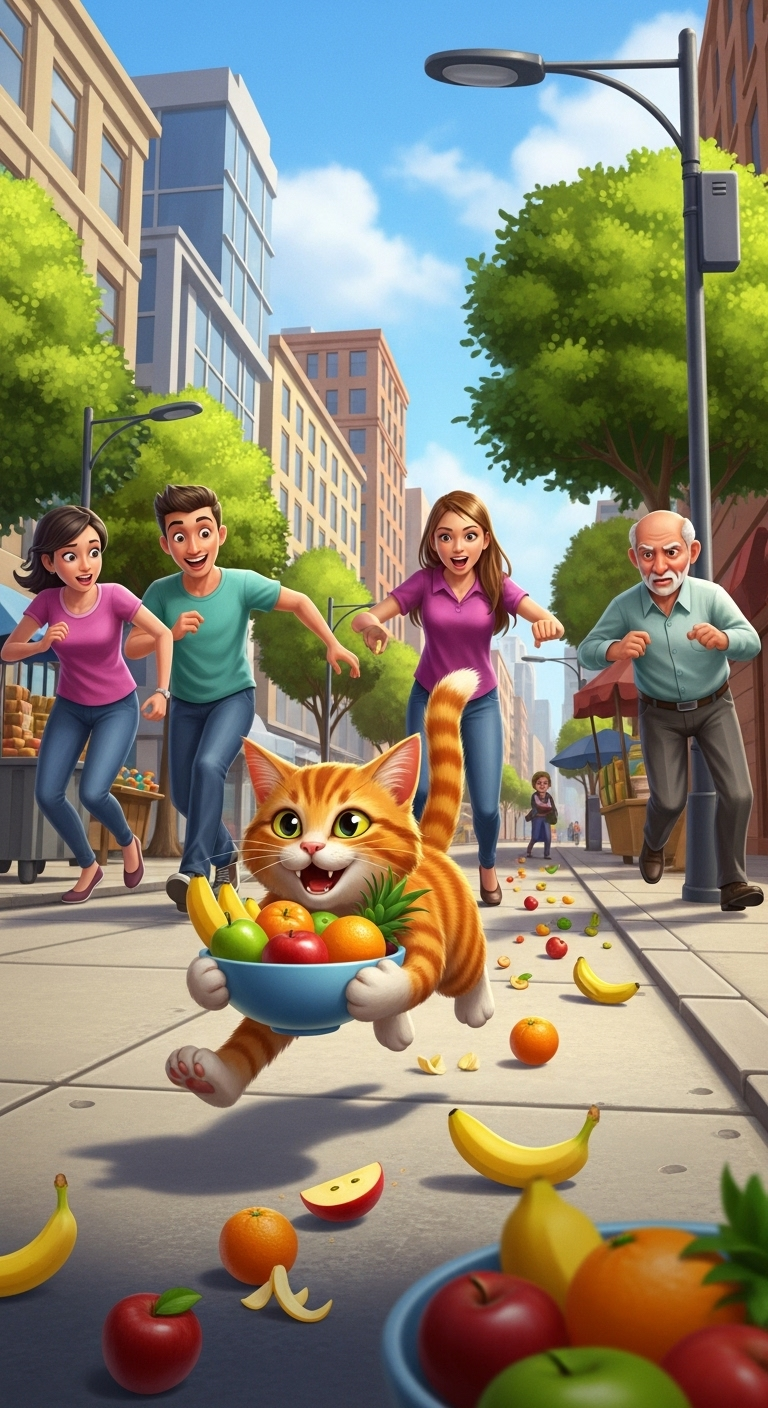 Chasing the Frisky Tabby Cat with Fruits Chasing the Frisky Tabby Cat with Fruits