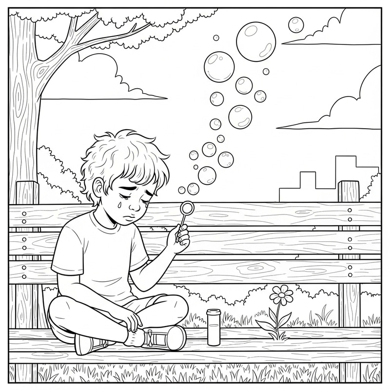 Sad Child Blowing Bubbles: Comic-Like Scene of Innocence Sad Child Blowing Bubbles: Comic-Like Scene of Innocence