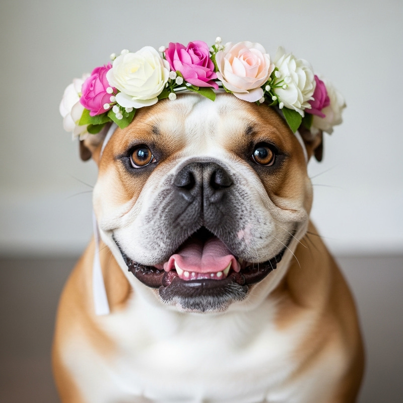 Adorable Bulldog with Flower Crown - Charming Portrait Adorable Bulldog with Flower Crown - Charming Portrait