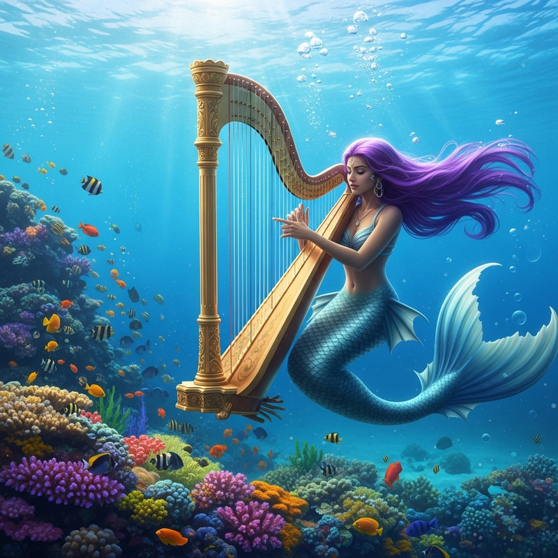 Enchanting Mermaid Harp Performance in Surreal Underwater Scene