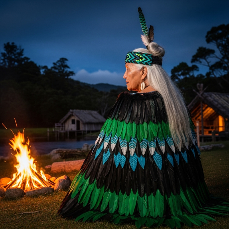 Maori Elderly Woman Embracing Cultural Magic in Serene Forest Setting